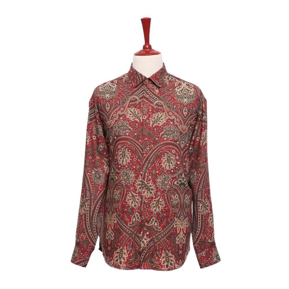 Mens Silk Shirt Button Up Red Beige Paisley Dress Casual Hawaiian Beach Party XL